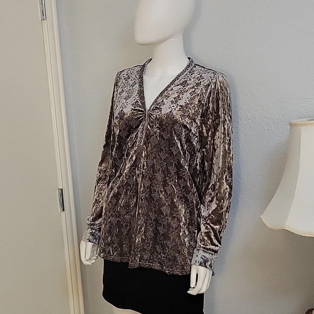 Andree BY UNIT Silver Crushed Velvet Velour Embroidered Castlecore Blouse